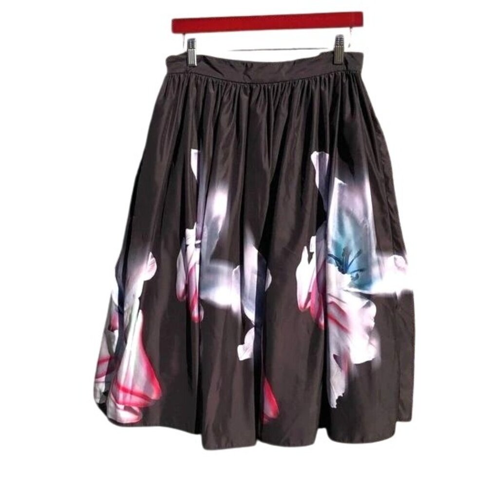Bebe Black Floral Print A-Line Midi Skirt Size 10 Polyester & Nylon Fully Lined